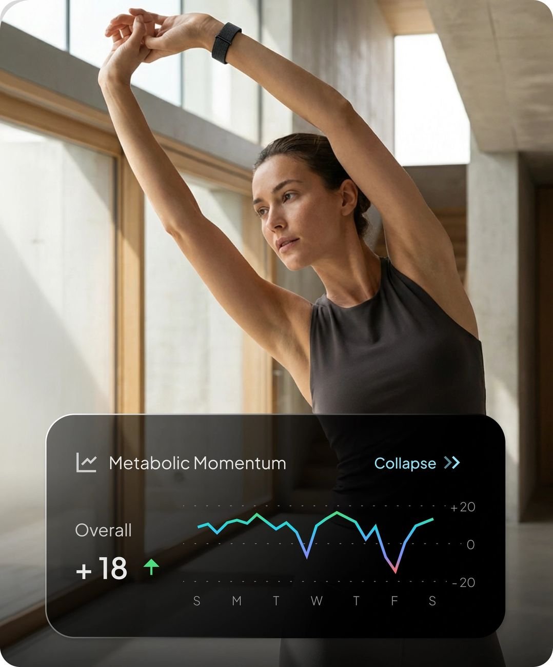 Woman stretching with Hume Band on wrist — Metabolic Momentum graph displayed