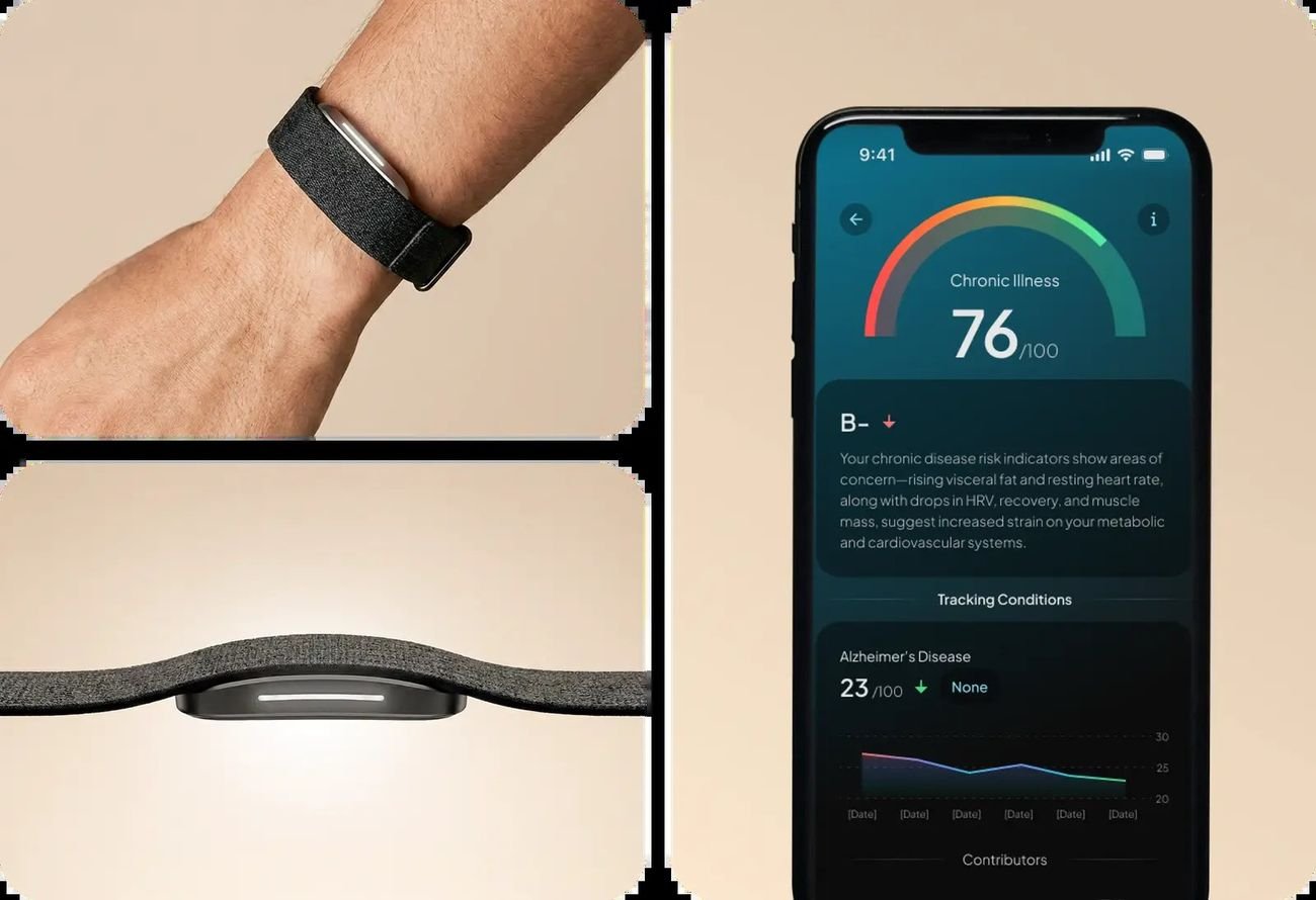 Hume Band worn on wrist next to a phone displaying a chronic illness risk score