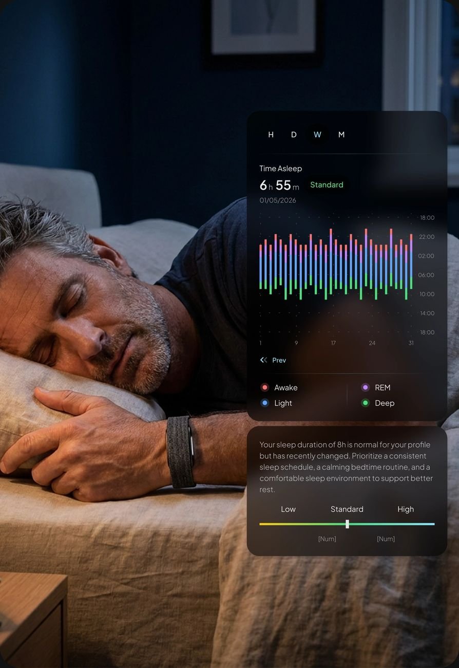 Man sleeping while wearing Hume Band — recovery data logged in app dashboard