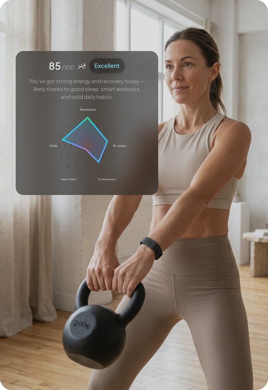 Woman exercising while wearing Hume Band — Metabolic Capacity score shown in app