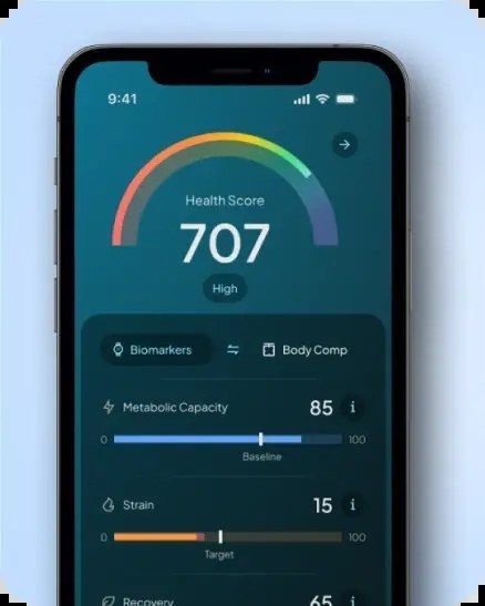Hume Health app dashboard displaying overall health score alongside metabolic capacity